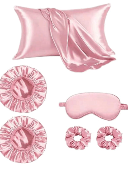 6pcs Bath & Care Set Other Natural Casual Satin Solid Color Pillowcase 1pc, Shower Cap 2pcs, Hair Scrunchies 3pcs, Home Vacation Night Date Daily Four Seasons Holiday Essentials, Hair Accessories, Sum