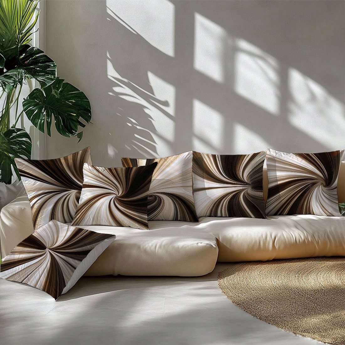 6pcs Daily Minimalist Coffee Brown Geometric Abstract Vortex Pattern Cushion Covers, Single-Sided Printed Peach Skin Velvet Material, 45*45/50*50/40*40CM Pillow Covers Suitable For Modern Minimalist S