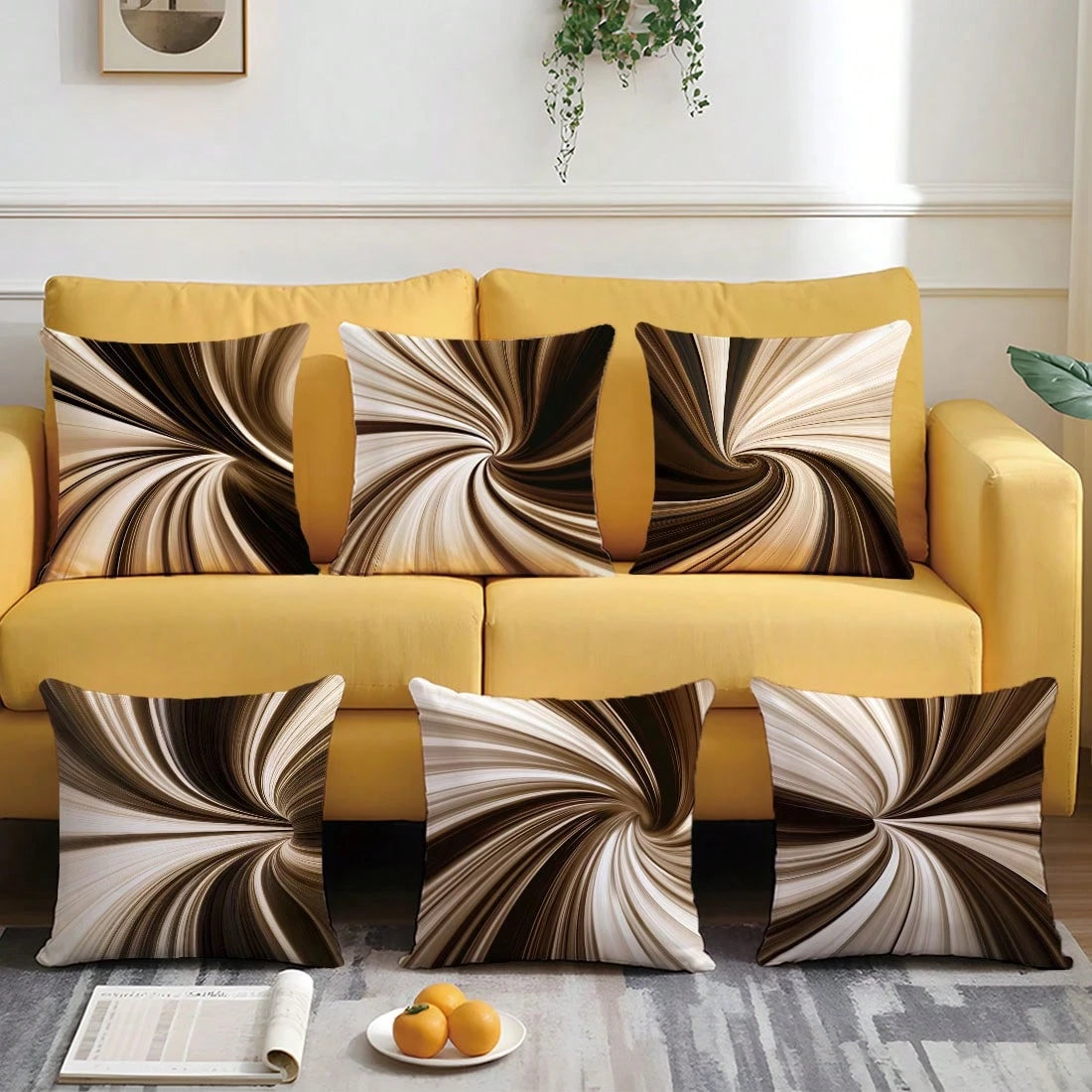 6pcs Daily Minimalist Coffee Brown Geometric Abstract Vortex Pattern Cushion Covers, Single-Sided Printed Peach Skin Velvet Material, 45*45/50*50/40*40CM Pillow Covers Suitable For Modern Minimalist S