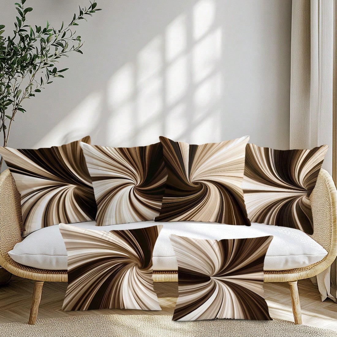 6pcs Daily Minimalist Coffee Brown Geometric Abstract Vortex Pattern Cushion Covers, Single-Sided Printed Peach Skin Velvet Material, 45*45/50*50/40*40CM Pillow Covers Suitable For Modern Minimalist S
