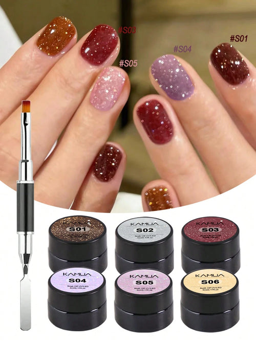 6Pcs Glitter Gel Nail Polish Kit With Nail Brush 5ml Silver Gold Pink Black Purple Reflective Glitter Gel Nail Polish Jelly Translucent Sparkle Nail Polish, UV Light Cure Gel For Manicure Art DIY