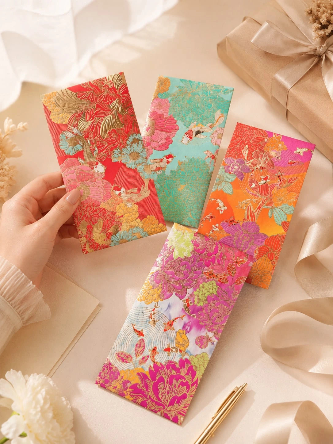 6Pcs Gold Foil Floral Koi Fish Decorative Envelopes, Vintage Pattern Gift Envelopes For Wedding Holiday Party