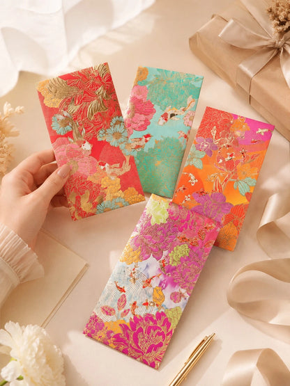 6Pcs Gold Foil Floral Koi Fish Decorative Envelopes, Vintage Pattern Gift Envelopes For Wedding Holiday Party