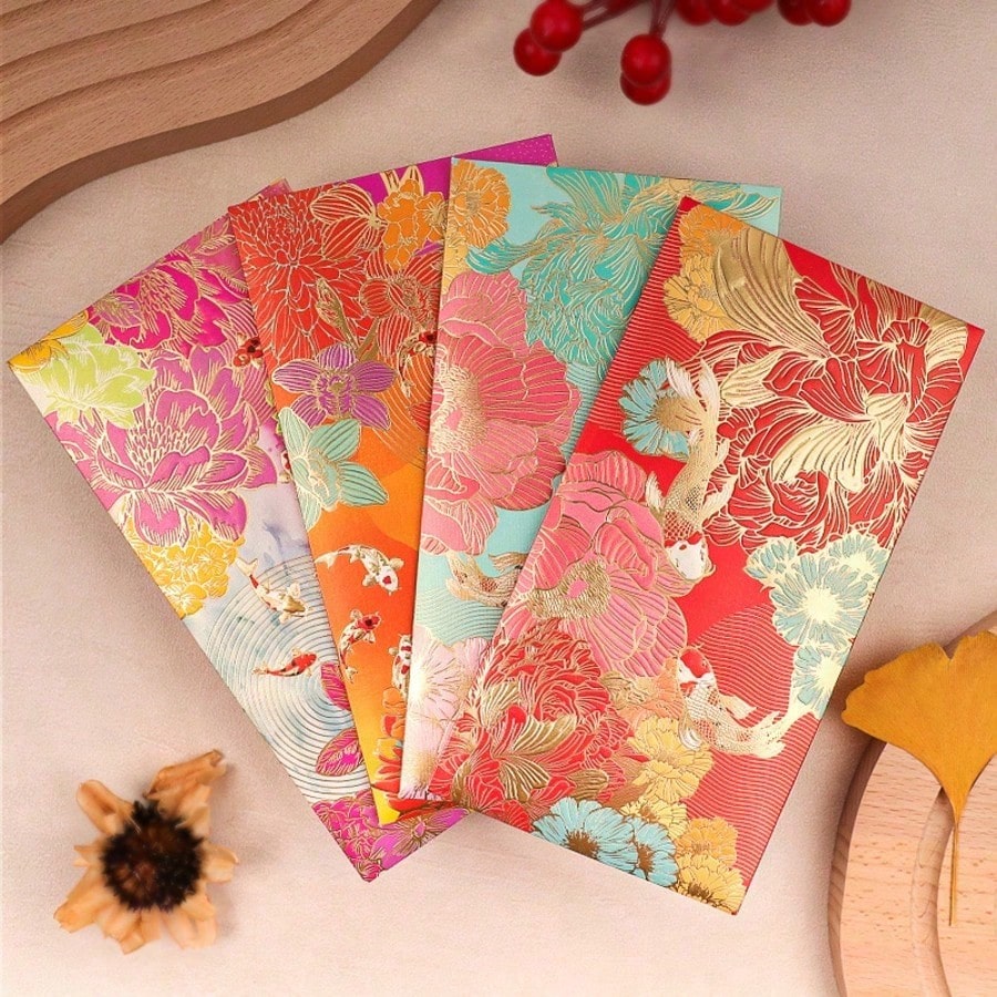 6Pcs Gold Foil Floral Koi Fish Decorative Envelopes, Vintage Pattern Gift Envelopes For Wedding Holiday Party