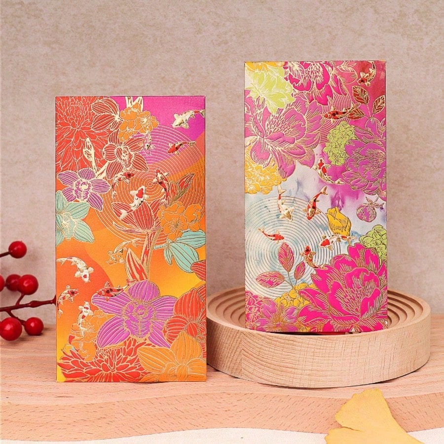 6Pcs Gold Foil Floral Koi Fish Decorative Envelopes, Vintage Pattern Gift Envelopes For Wedding Holiday Party