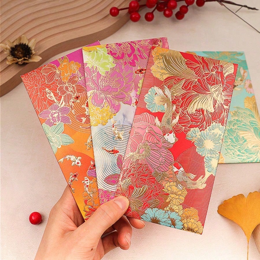 6Pcs Gold Foil Floral Koi Fish Decorative Envelopes, Vintage Pattern Gift Envelopes For Wedding Holiday Party