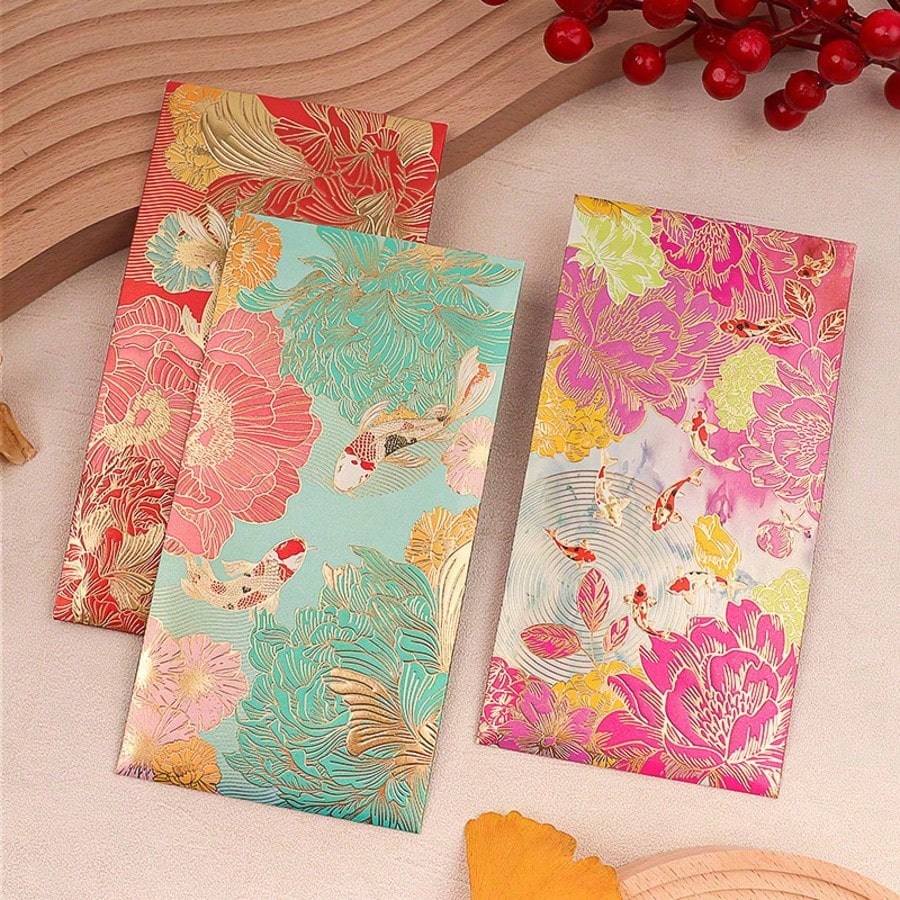 6Pcs Gold Foil Floral Koi Fish Decorative Envelopes, Vintage Pattern Gift Envelopes For Wedding Holiday Party