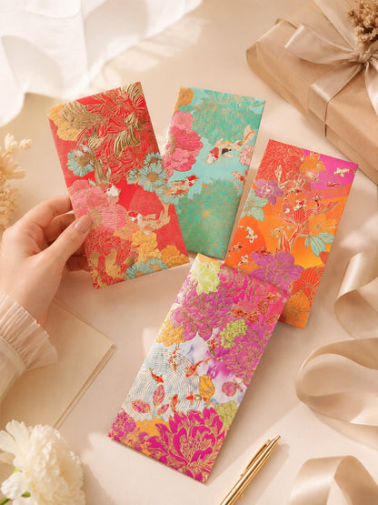 6Pcs Gold Foil Floral Koi Fish Decorative Envelopes, Vintage Pattern Gift Envelopes For Wedding Holiday Party