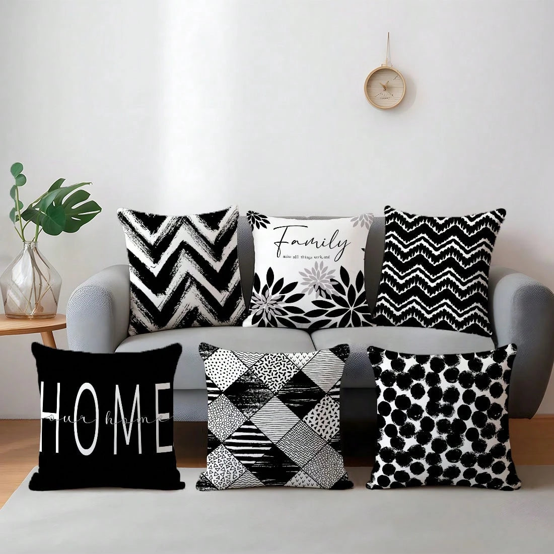 6pcs Minimalist Black & White Geometric Home Pattern Cushion Covers, Single-Sided Printed Velvet, 45*45/50*50/40*40CM Pillow Covers Suitable For Modern Minimalist Sofa Living Room Decor, Gift, Party D