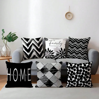 6pcs Minimalist Black & White Geometric Home Pattern Cushion Covers, Single-Sided Printed Velvet, 45*45/50*50/40*40CM Pillow Covers Suitable For Modern Minimalist Sofa Living Room Decor, Gift, Party D