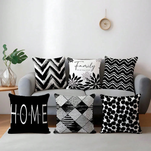 6pcs Minimalist Black & White Geometric Home Pattern Cushion Covers, Single-Sided Printed Velvet, 45*45/50*50/40*40CM Pillow Covers Suitable For Modern Minimalist Sofa Living Room Decor, Gift, Party D