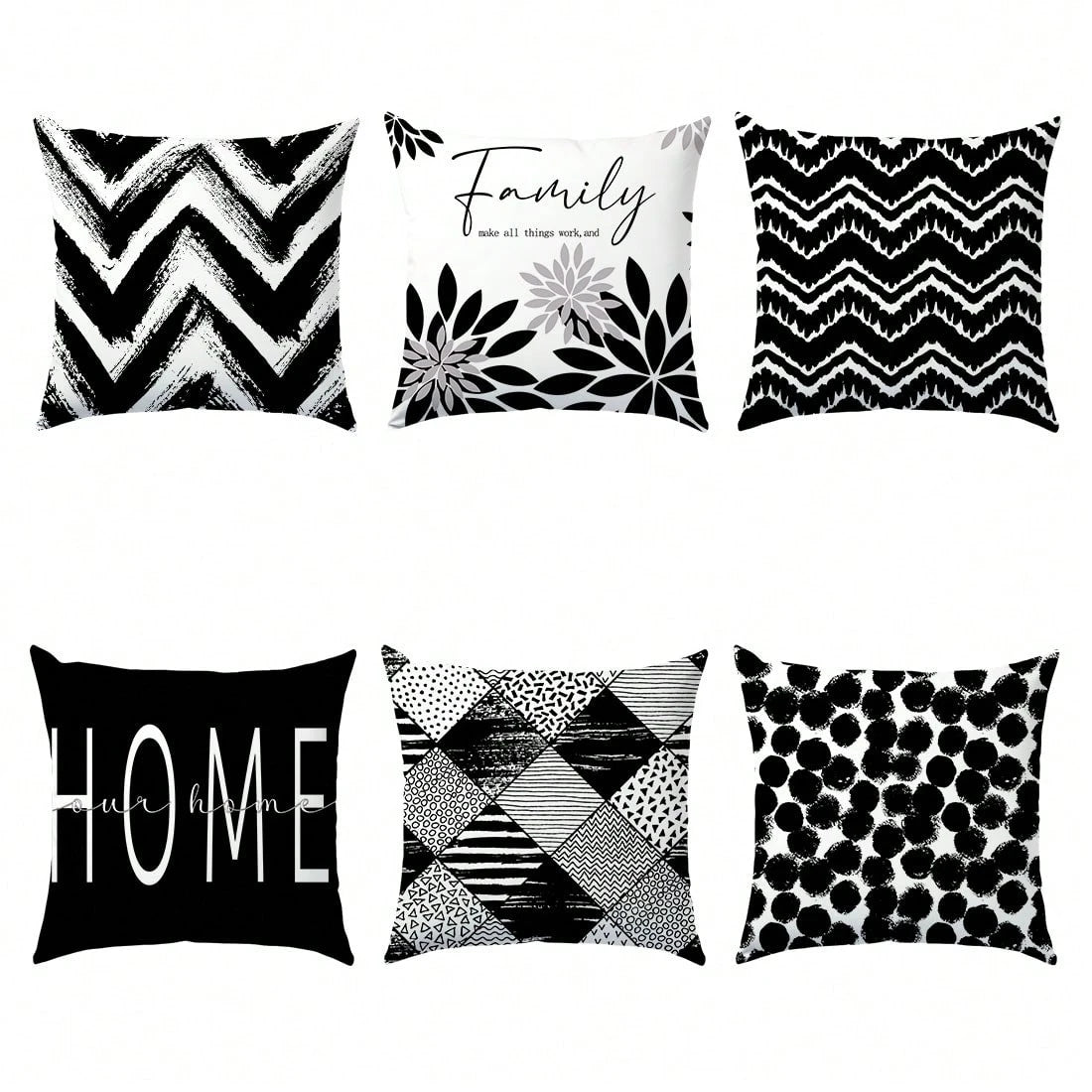 6pcs Minimalist Black & White Geometric Home Pattern Cushion Covers, Single-Sided Printed Velvet, 45*45/50*50/40*40CM Pillow Covers Suitable For Modern Minimalist Sofa Living Room Decor, Gift, Party D