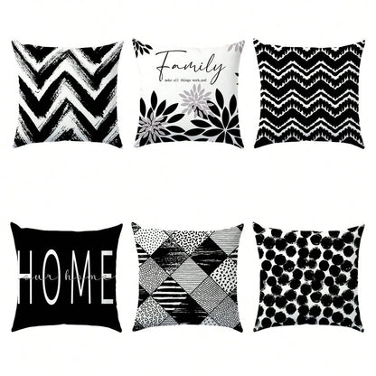 6pcs Minimalist Black & White Geometric Home Pattern Cushion Covers, Single-Sided Printed Velvet, 45*45/50*50/40*40CM Pillow Covers Suitable For Modern Minimalist Sofa Living Room Decor, Gift, Party D