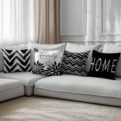 6pcs Minimalist Black & White Geometric Home Pattern Cushion Covers, Single-Sided Printed Velvet, 45*45/50*50/40*40CM Pillow Covers Suitable For Modern Minimalist Sofa Living Room Decor, Gift, Party D