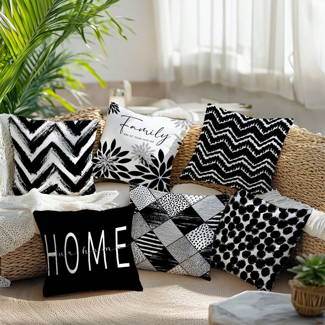 6pcs Minimalist Black & White Geometric Home Pattern Cushion Covers, Single-Sided Printed Velvet, 45*45/50*50/40*40CM Pillow Covers Suitable For Modern Minimalist Sofa Living Room Decor, Gift, Party D