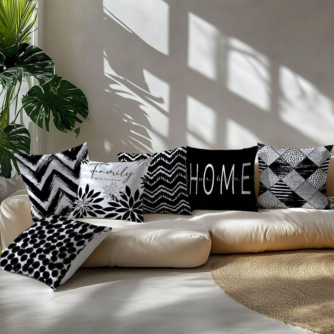 6pcs Minimalist Black & White Geometric Home Pattern Cushion Covers, Single-Sided Printed Velvet, 45*45/50*50/40*40CM Pillow Covers Suitable For Modern Minimalist Sofa Living Room Decor, Gift, Party D