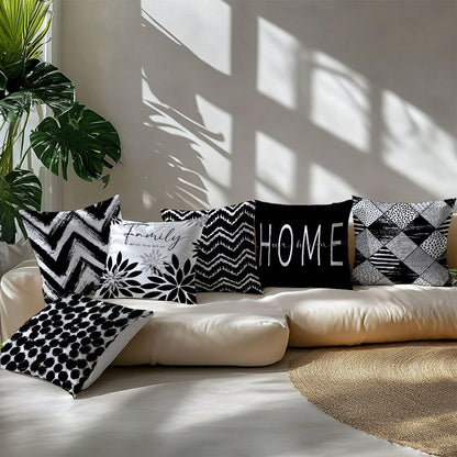 6pcs Minimalist Black & White Geometric Home Pattern Cushion Covers, Single-Sided Printed Velvet, 45*45/50*50/40*40CM Pillow Covers Suitable For Modern Minimalist Sofa Living Room Decor, Gift, Party D