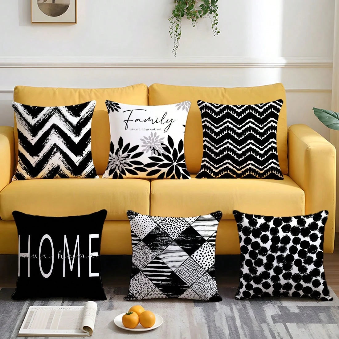 6pcs Minimalist Black & White Geometric Home Pattern Cushion Covers, Single-Sided Printed Velvet, 45*45/50*50/40*40CM Pillow Covers Suitable For Modern Minimalist Sofa Living Room Decor, Gift, Party D