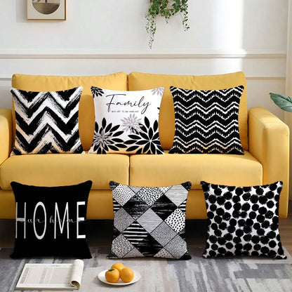 6pcs Minimalist Black & White Geometric Home Pattern Cushion Covers, Single-Sided Printed Velvet, 45*45/50*50/40*40CM Pillow Covers Suitable For Modern Minimalist Sofa Living Room Decor, Gift, Party D