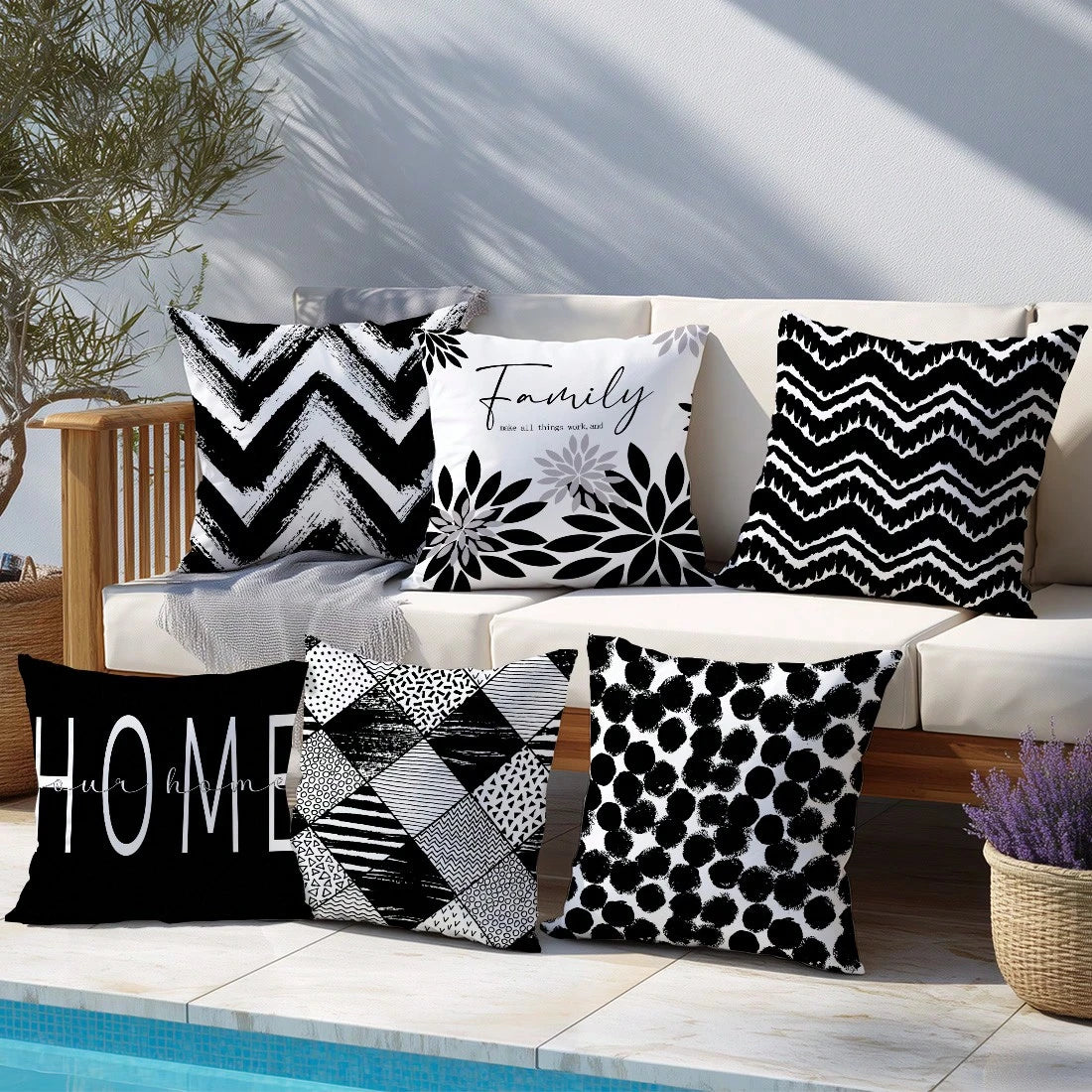 6pcs Minimalist Black & White Geometric Home Pattern Cushion Covers, Single-Sided Printed Velvet, 45*45/50*50/40*40CM Pillow Covers Suitable For Modern Minimalist Sofa Living Room Decor, Gift, Party D