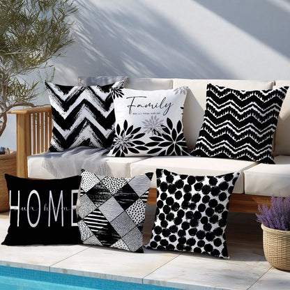 6pcs Minimalist Black & White Geometric Home Pattern Cushion Covers, Single-Sided Printed Velvet, 45*45/50*50/40*40CM Pillow Covers Suitable For Modern Minimalist Sofa Living Room Decor, Gift, Party D