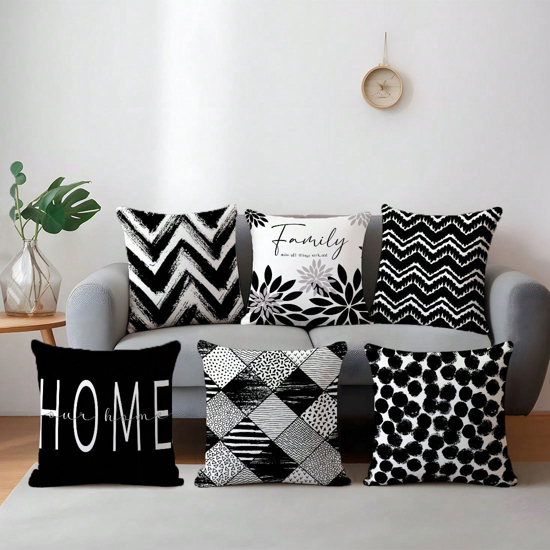 6pcs Minimalist Black & White Geometric Home Pattern Cushion Covers, Single-Sided Printed Velvet, 45*45/50*50/40*40CM Pillow Covers Suitable For Modern Minimalist Sofa Living Room Decor, Gift, Party D
