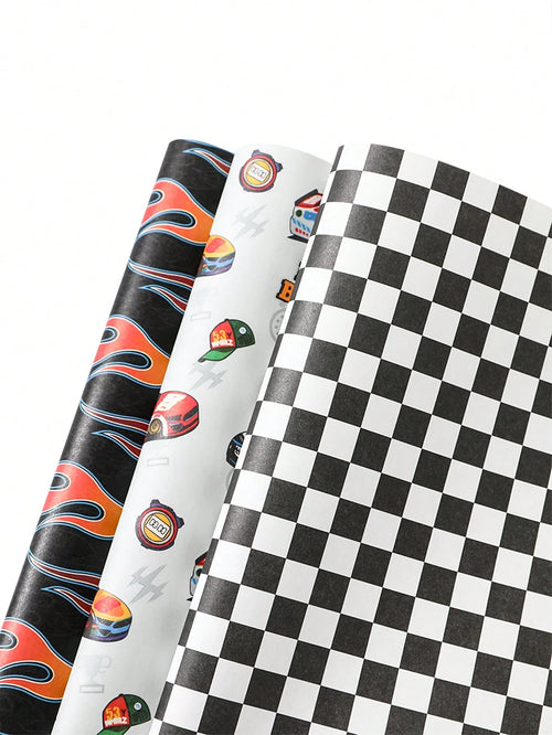 6pcs Racing Car Theme Gift Wrapping Paper, Suitable For Boys & Kids, Featuring Race Car, Flames And Checkered Flag Designs, Size 70x50cm, Ideal For Baby Shower, Birthday Party, Gender Reveal Party, Gr