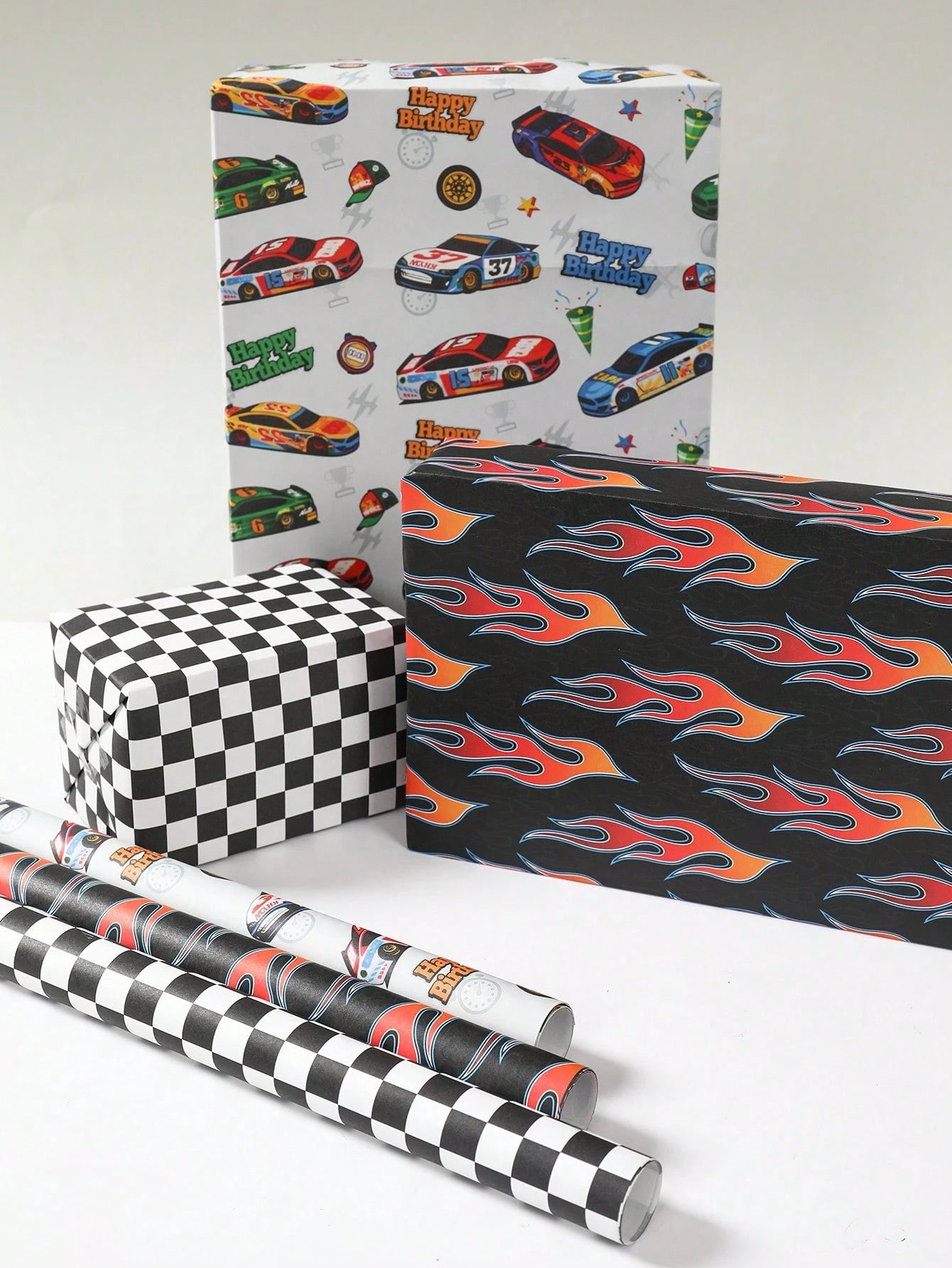 6pcs Racing Car Theme Gift Wrapping Paper, Suitable For Boys & Kids, Featuring Race Car, Flames And Checkered Flag Designs, Size 70x50cm, Ideal For Baby Shower, Birthday Party, Gender Reveal Party, Gr