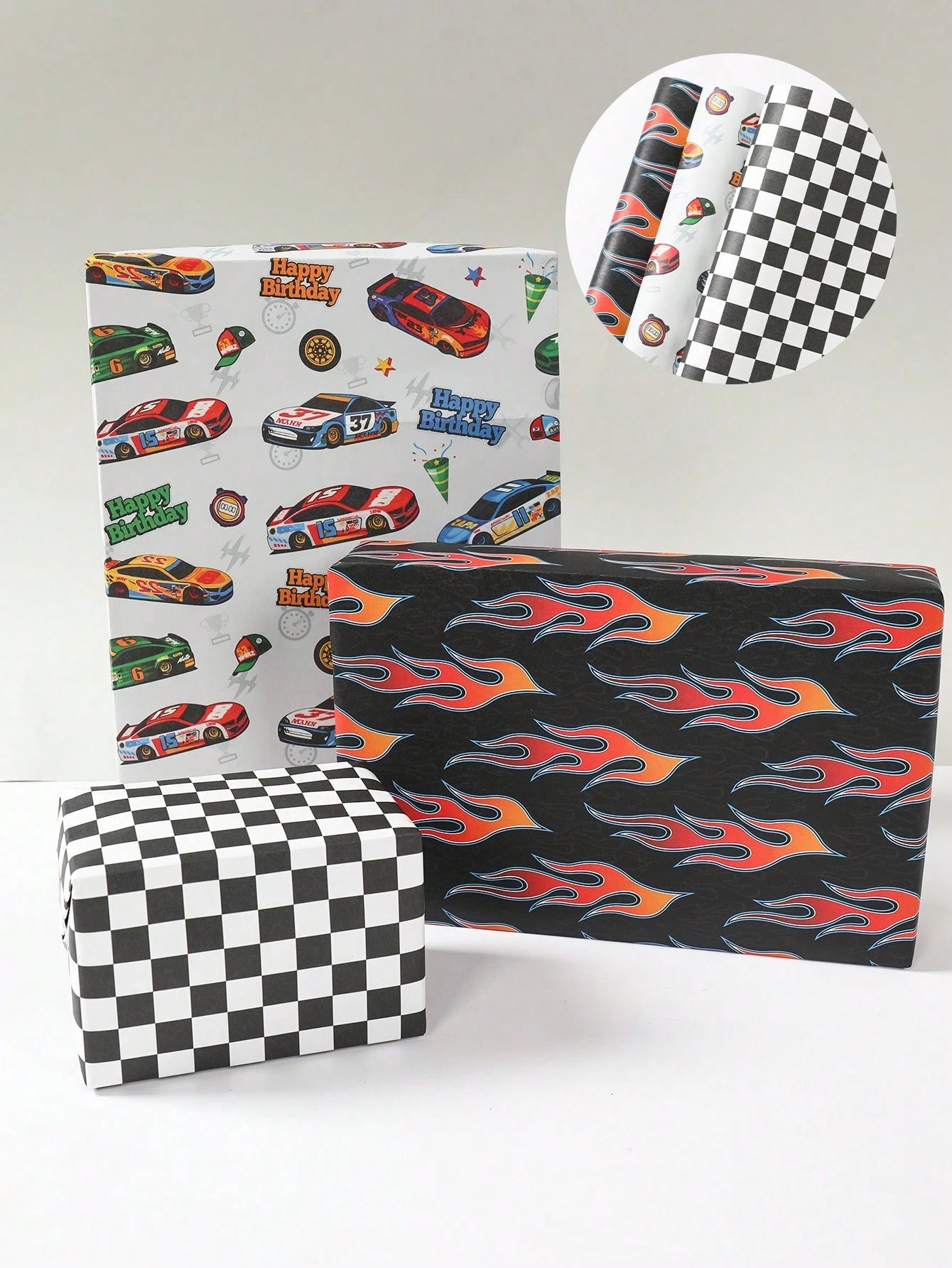 6pcs Racing Car Theme Gift Wrapping Paper, Suitable For Boys & Kids, Featuring Race Car, Flames And Checkered Flag Designs, Size 70x50cm, Ideal For Baby Shower, Birthday Party, Gender Reveal Party, Gr