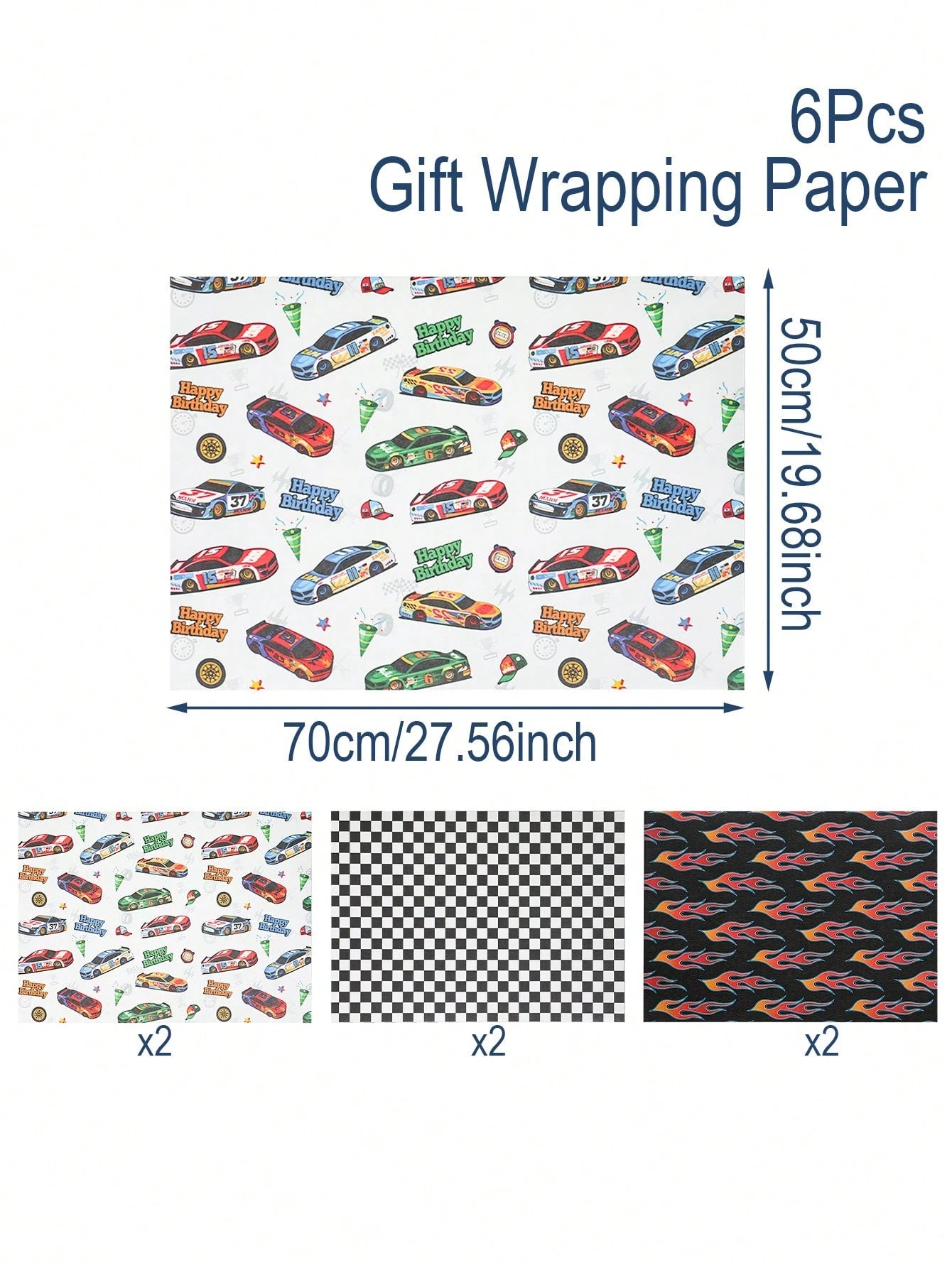 6pcs Racing Car Theme Gift Wrapping Paper, Suitable For Boys & Kids, Featuring Race Car, Flames And Checkered Flag Designs, Size 70x50cm, Ideal For Baby Shower, Birthday Party, Gender Reveal Party, Gr