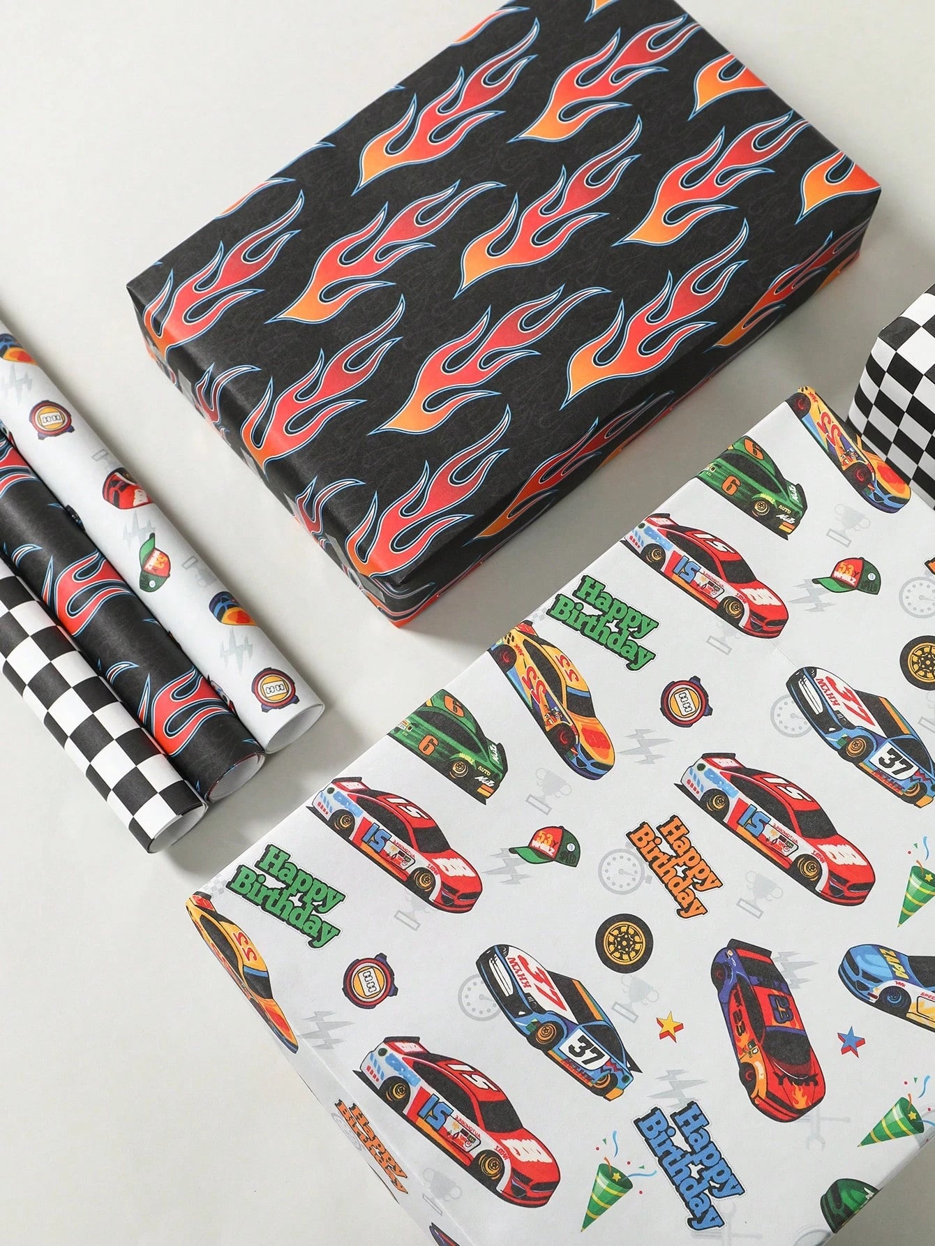 6pcs Racing Car Theme Gift Wrapping Paper, Suitable For Boys & Kids, Featuring Race Car, Flames And Checkered Flag Designs, Size 70x50cm, Ideal For Baby Shower, Birthday Party, Gender Reveal Party, Gr