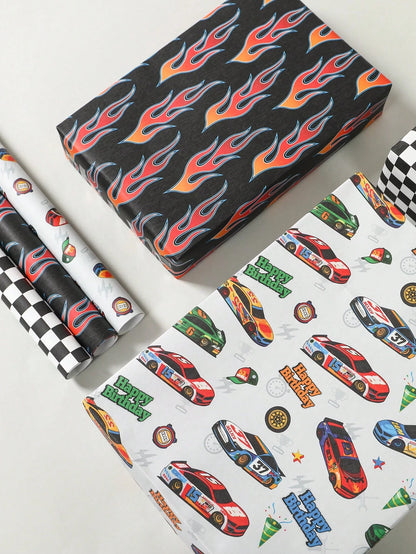 6pcs Racing Car Theme Gift Wrapping Paper, Suitable For Boys & Kids, Featuring Race Car, Flames And Checkered Flag Designs, Size 70x50cm, Ideal For Baby Shower, Birthday Party, Gender Reveal Party, Gr