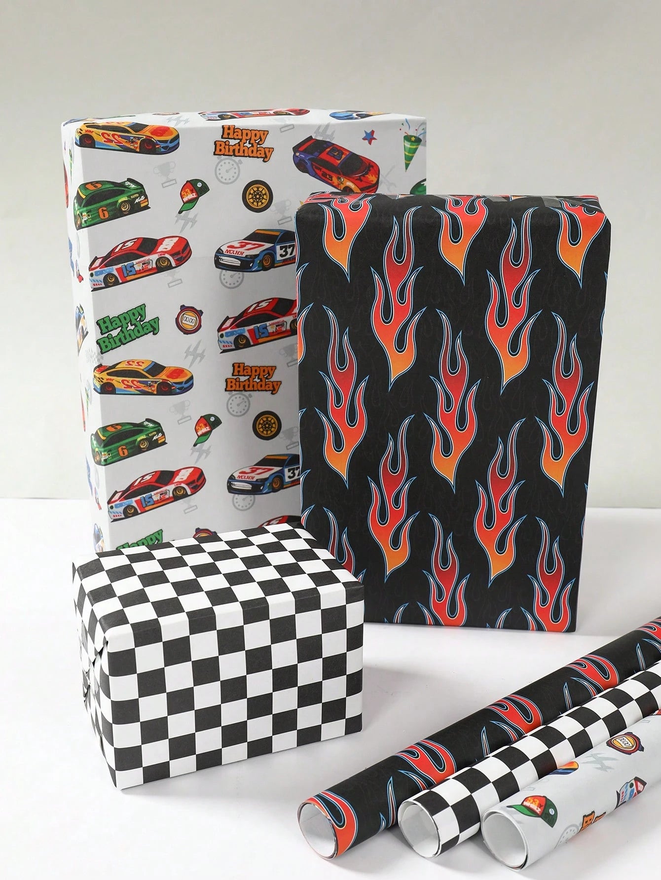 6pcs Racing Car Theme Gift Wrapping Paper, Suitable For Boys & Kids, Featuring Race Car, Flames And Checkered Flag Designs, Size 70x50cm, Ideal For Baby Shower, Birthday Party, Gender Reveal Party, Gr