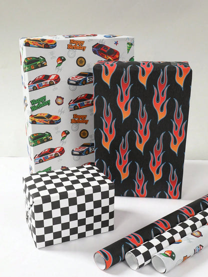6pcs Racing Car Theme Gift Wrapping Paper, Suitable For Boys & Kids, Featuring Race Car, Flames And Checkered Flag Designs, Size 70x50cm, Ideal For Baby Shower, Birthday Party, Gender Reveal Party, Gr