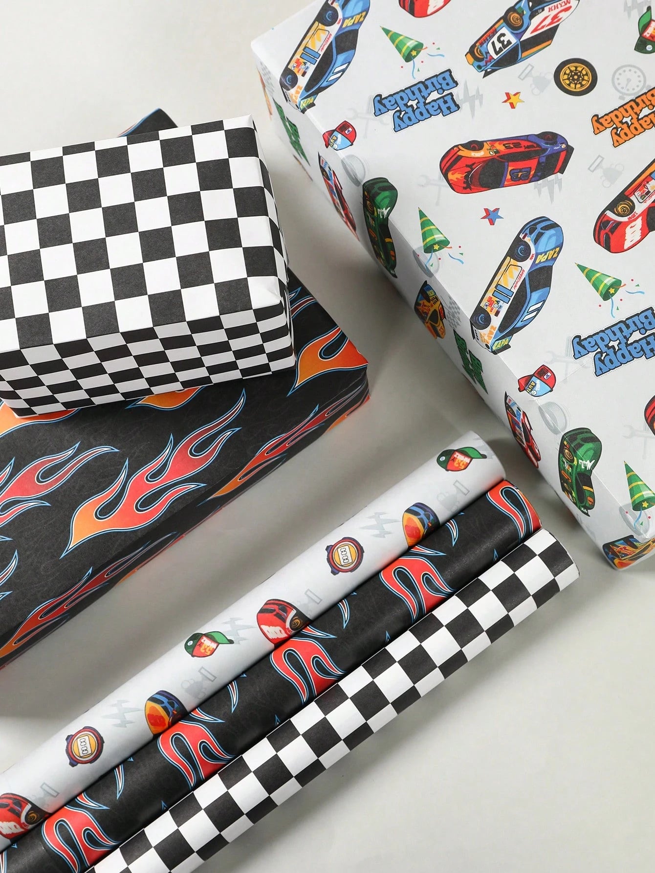 6pcs Racing Car Theme Gift Wrapping Paper, Suitable For Boys & Kids, Featuring Race Car, Flames And Checkered Flag Designs, Size 70x50cm, Ideal For Baby Shower, Birthday Party, Gender Reveal Party, Gr
