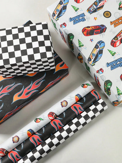 6pcs Racing Car Theme Gift Wrapping Paper, Suitable For Boys & Kids, Featuring Race Car, Flames And Checkered Flag Designs, Size 70x50cm, Ideal For Baby Shower, Birthday Party, Gender Reveal Party, Gr