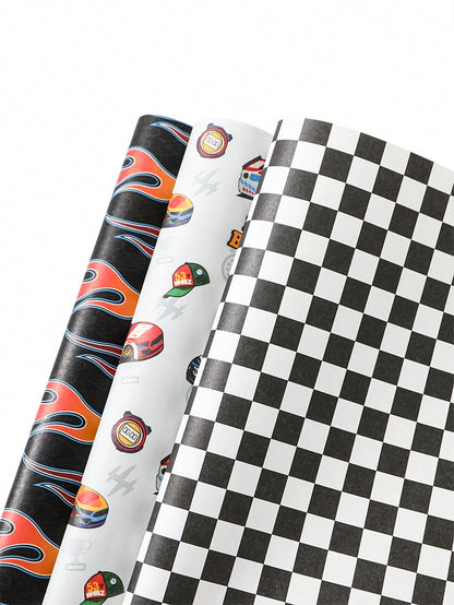 6pcs Racing Car Theme Gift Wrapping Paper, Suitable For Boys & Kids, Featuring Race Car, Flames And Checkered Flag Designs, Size 70x50cm, Ideal For Baby Shower, Birthday Party, Gender Reveal Party, Gr