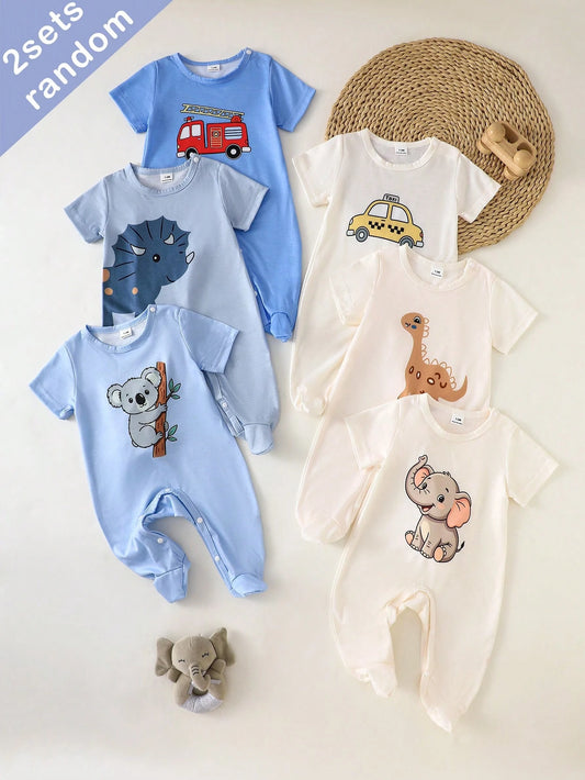 6pcs Random Sent 2pcs Newborn Knitted Round Neck Short Sleeve Romper With Feet, Casual Cute Cartoon Koala, Dinosaur, Car Pattern, Comfortable Soft Loose Homewear Suitable For Summer