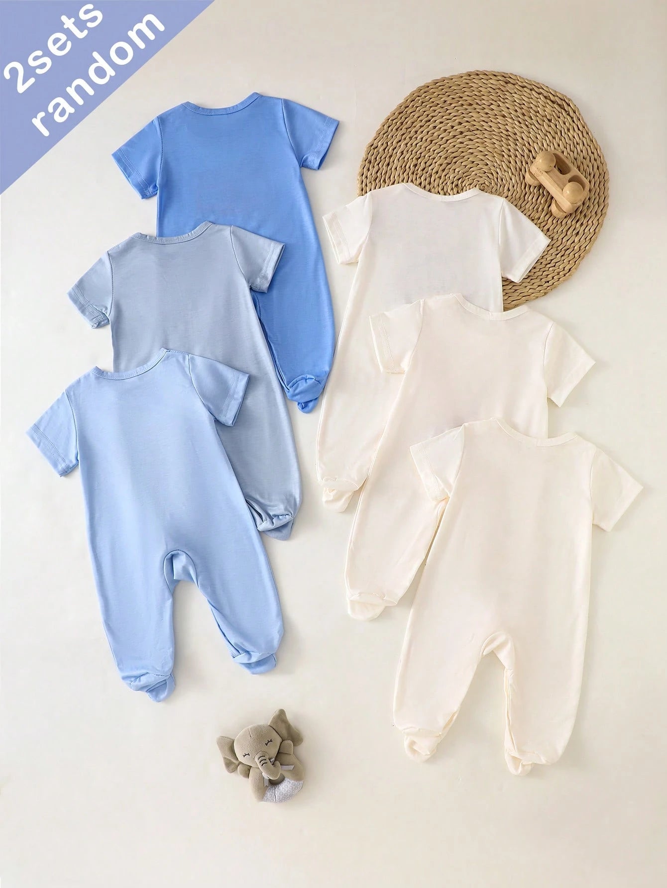 6pcs Random Sent 2pcs Newborn Knitted Round Neck Short Sleeve Romper With Feet, Casual Cute Cartoon Koala, Dinosaur, Car Pattern, Comfortable Soft Loose Homewear Suitable For Summer