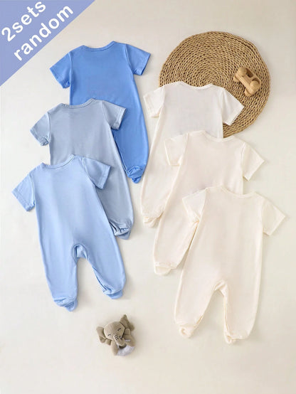 6pcs Random Sent 2pcs Newborn Knitted Round Neck Short Sleeve Romper With Feet, Casual Cute Cartoon Koala, Dinosaur, Car Pattern, Comfortable Soft Loose Homewear Suitable For Summer