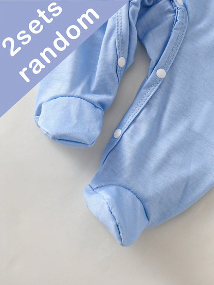 6pcs Random Sent 2pcs Newborn Knitted Round Neck Short Sleeve Romper With Feet, Casual Cute Cartoon Koala, Dinosaur, Car Pattern, Comfortable Soft Loose Homewear Suitable For Summer