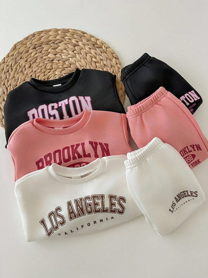 6pcs/Set Baby Girl Cute Letter Print Long Sleeve Sweatshirt And Elastic Waist Pants, Autumn/Winter