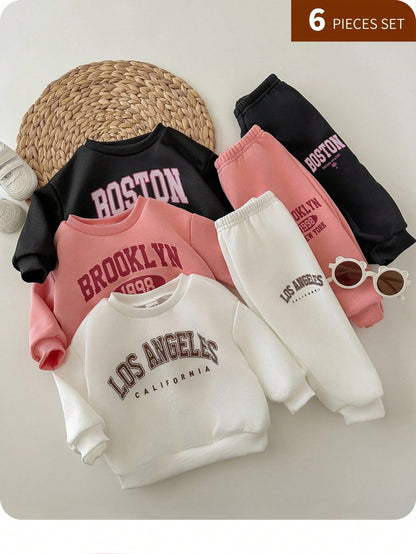 6pcs/Set Baby Girl Cute Letter Print Long Sleeve Sweatshirt And Elastic Waist Pants, Autumn/Winter