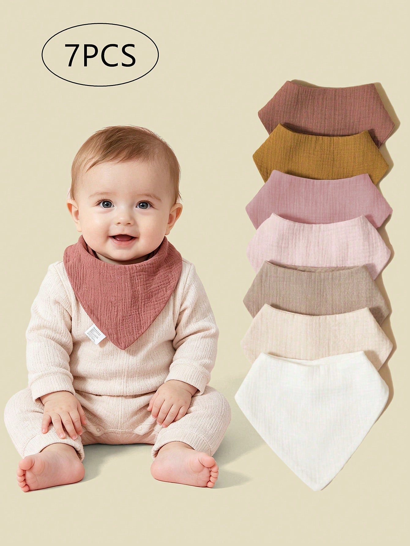 7PCS Pure Cotton Solid Color Gauze Soft Breathable Baby Bibs Triangle Bandana Drool Bibs, Bibs, Bibs, Suitable For Neutral Newborn Girls And Boys Drooling And Teething, Newborn Essentials