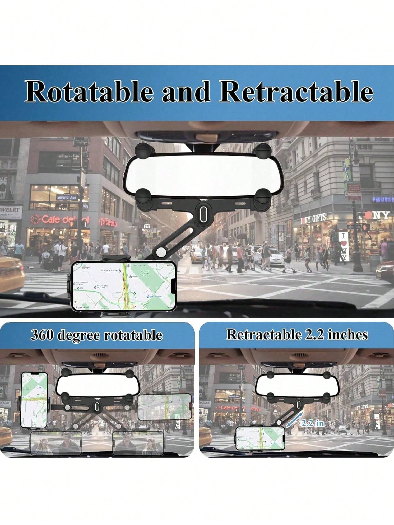 7th Gen Rearview Mirror Phone Mount, 180° Rotatable Car Mirror Phone Holder With Telescopic Arm, Upgraded 4-Slider Clamp Stable Clip For 4-7 Inch Phones, Adjustable Width Fits 98% Vehicles, One-Touch