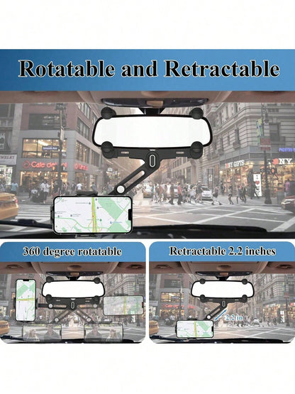 7th Gen Rearview Mirror Phone Mount, 180° Rotatable Car Mirror Phone Holder With Telescopic Arm, Upgraded 4-Slider Clamp Stable Clip For 4-7 Inch Phones, Adjustable Width Fits 98% Vehicles, One-Touch