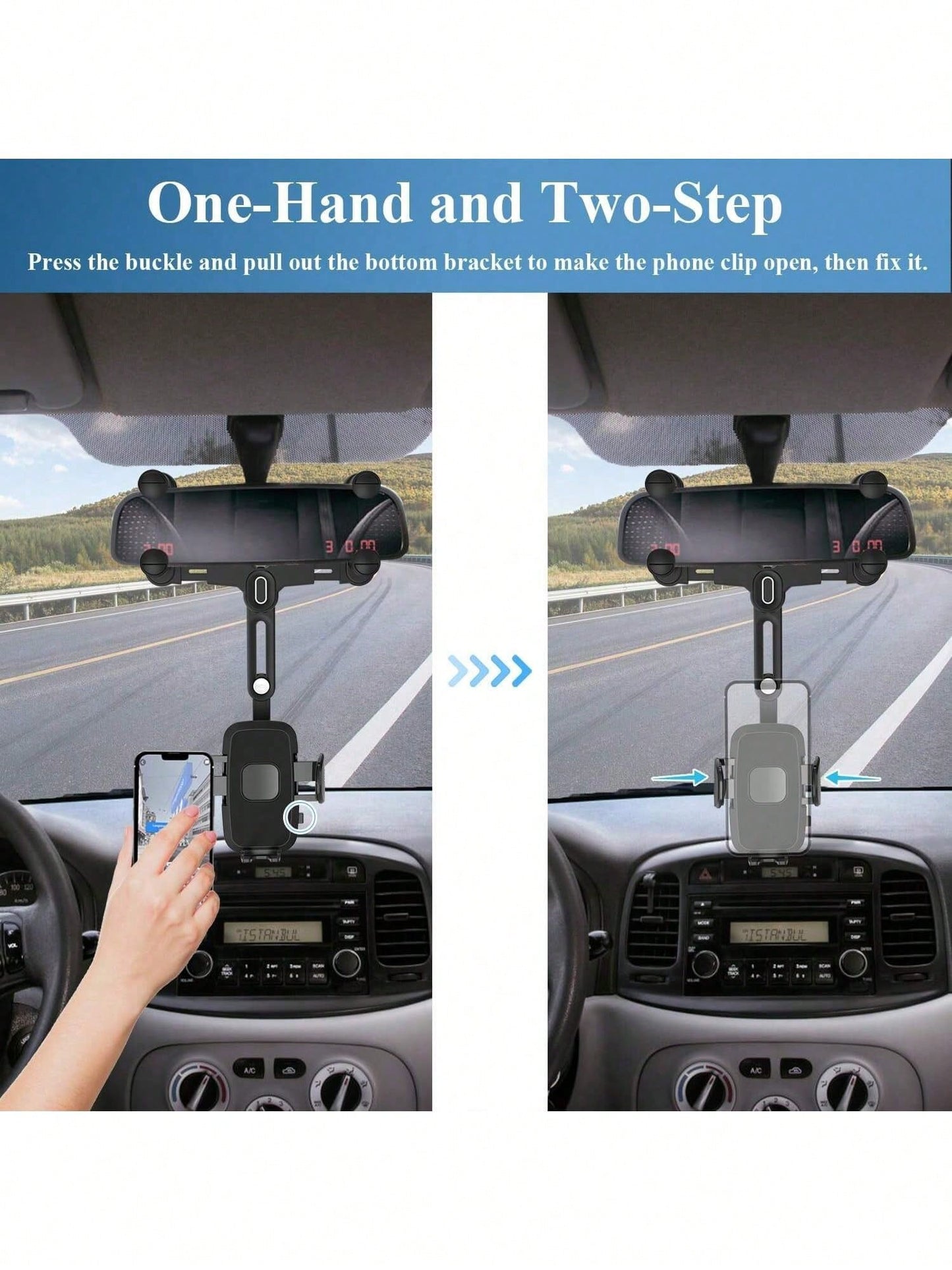 7th Gen Rearview Mirror Phone Mount, 180° Rotatable Car Mirror Phone Holder With Telescopic Arm, Upgraded 4-Slider Clamp Stable Clip For 4-7 Inch Phones, Adjustable Width Fits 98% Vehicles, One-Touch