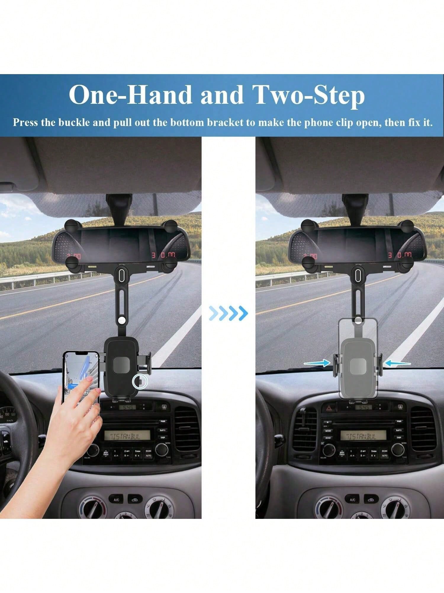 7th Gen Rearview Mirror Phone Mount, 180° Rotatable Car Mirror Phone Holder With Telescopic Arm, Upgraded 4-Slider Clamp Stable Clip For 4-7 Inch Phones, Adjustable Width Fits 98% Vehicles, One-Touch