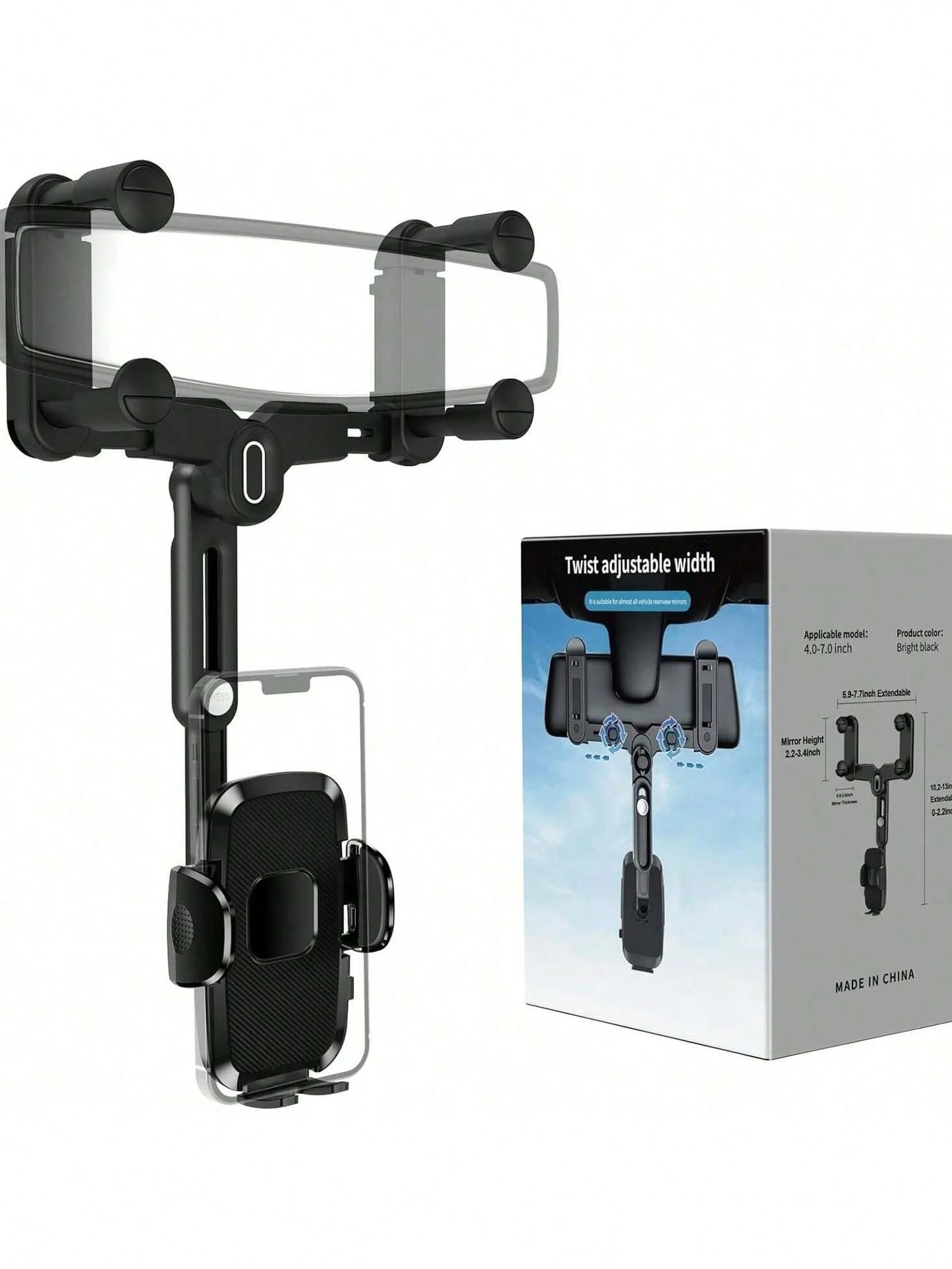 7th Gen Rearview Mirror Phone Mount, 180° Rotatable Car Mirror Phone Holder With Telescopic Arm, Upgraded 4-Slider Clamp Stable Clip For 4-7 Inch Phones, Adjustable Width Fits 98% Vehicles, One-Touch
