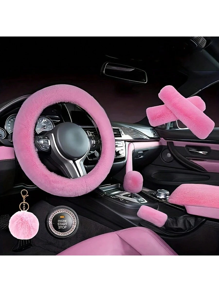 8-Piece Combination Pink Goddess Plush Car Steering Wheel Cover, Rex Imitation Rabbit Fur Fluffy Steering Wheel Cover, Classic And Fashionable Car Steering Wheel Protection Cover,Purple Car Accesaorie